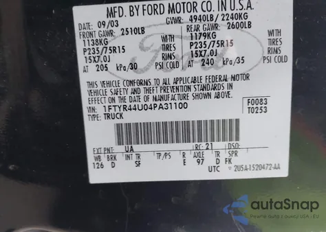 2004 Ford Ranger Edge/Tremor/Xlt из США, поврежденный, VIN 1FTYR44U04PA31100